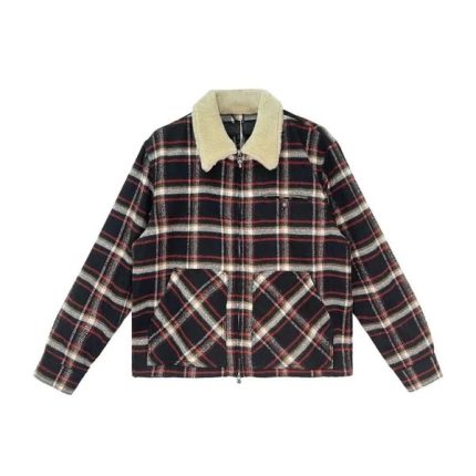 Chrome Hearts Plaid Flannel Fur Collar Zip Up Jacket