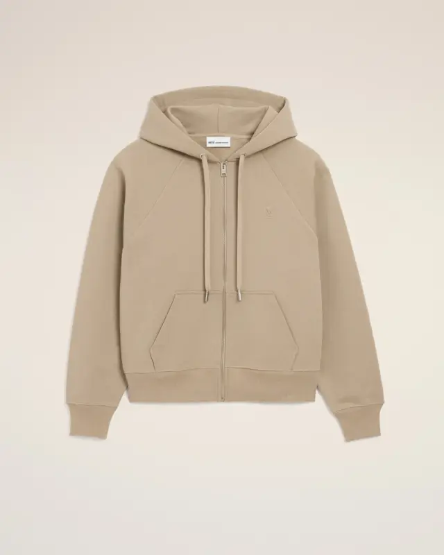 Beige Cotton Embossed Ami De Coeur Zipped Hoodie