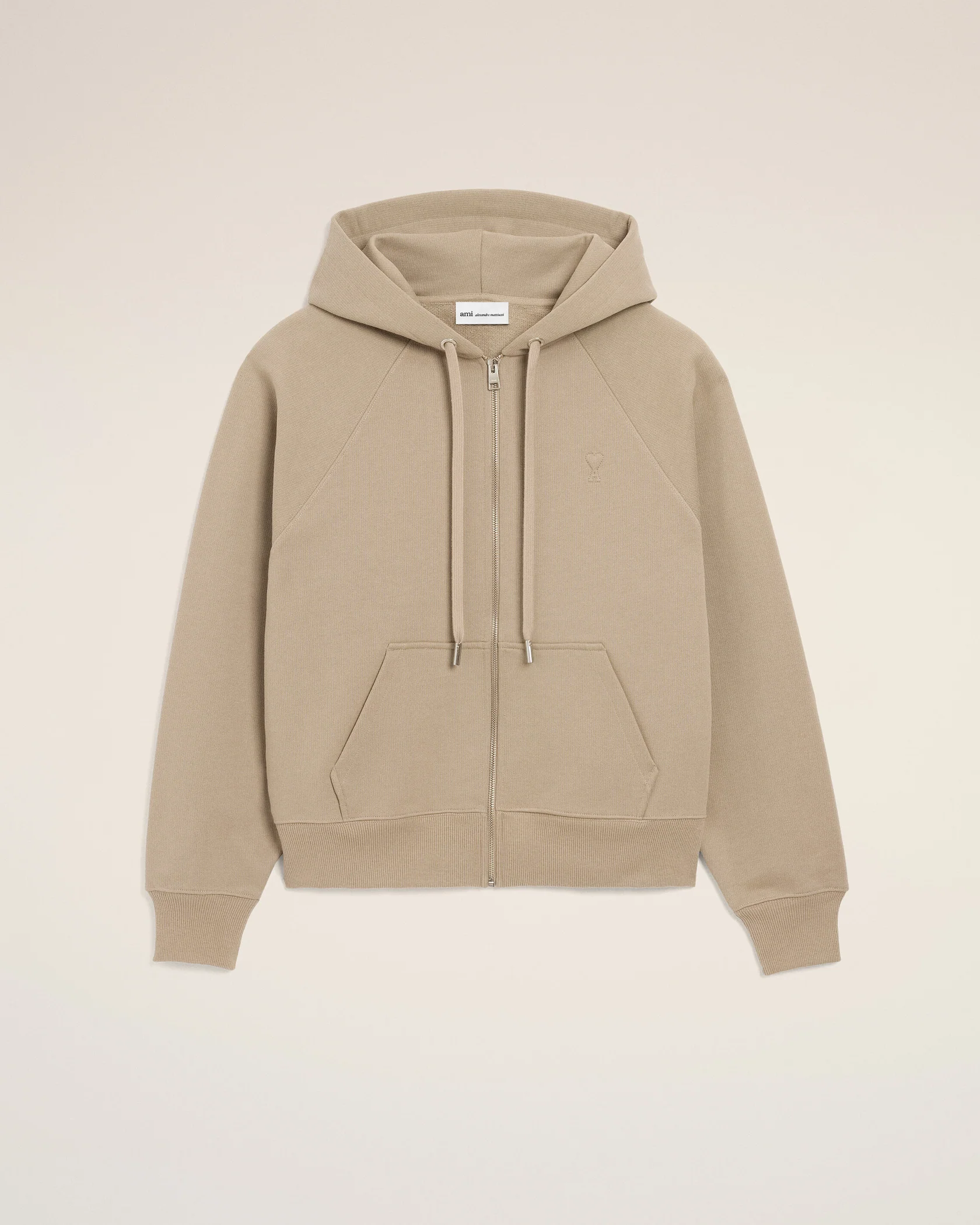 Beige Cotton Embossed Ami De Coeur Zipped Hoodie Beige Cotton Embossed Ami De Coeur Zipped Hoodie