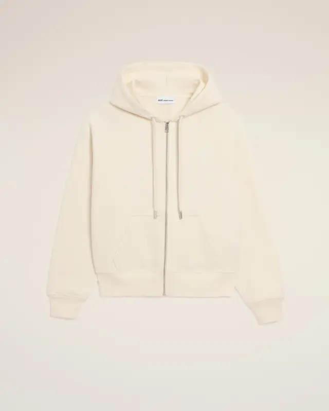 White Cotton Embossed Ami De Coeur Zipped Hoodie